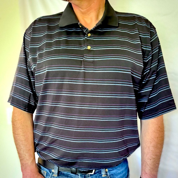 Kirkland Brand Men’s Black Short Sleeve Polo Shirt w/Purple & Turquoise Stripes - Picture 1 of 6